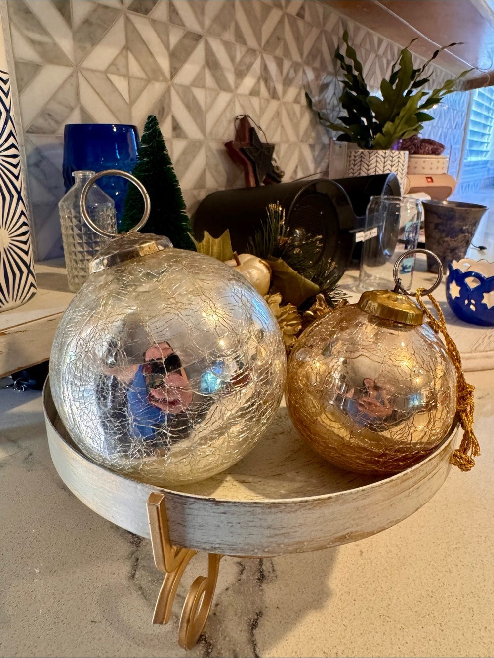 🎄Set of 2 Kugel Style Heavy Blown Crackle Glass Ornaments Gold & Silver Lot